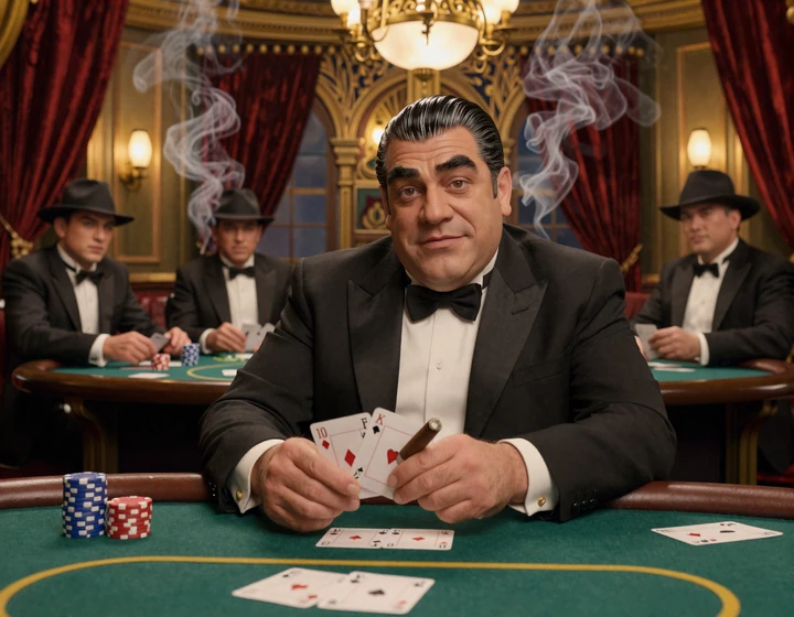 Don Salvatore beim Live Poker Showdown im Speakeasy von SlotMafia Casino