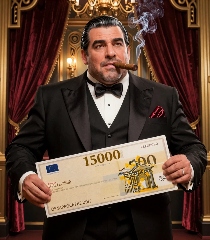 Don Salvatore, das Maskottchen von SlotMafia Casino, im schwarzen Smoking mit goldenem 15.000 Euro Scheck und Zigarre