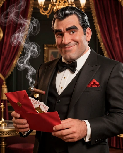 Don, Maskottchen von SlotMafia Casino, mit Lucky Box Umschlag